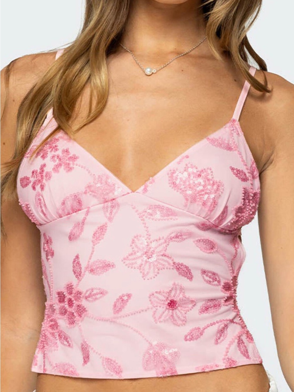 Pink Embellished Floral Cami Top by Edikted